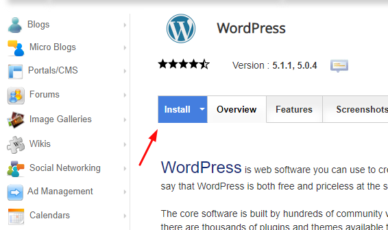 Gumb za instalaciju WordPressa
